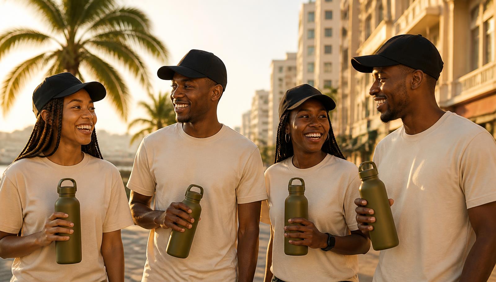 Friends in SipTalk caps and tees holding insulated bottles at golden hour